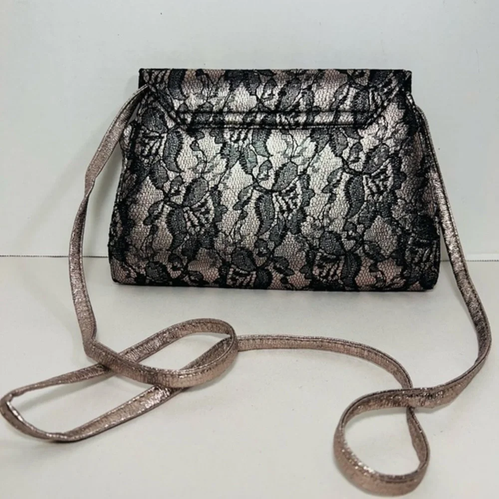 Neiman Marcus vintage rose gold and black lace evening purse
